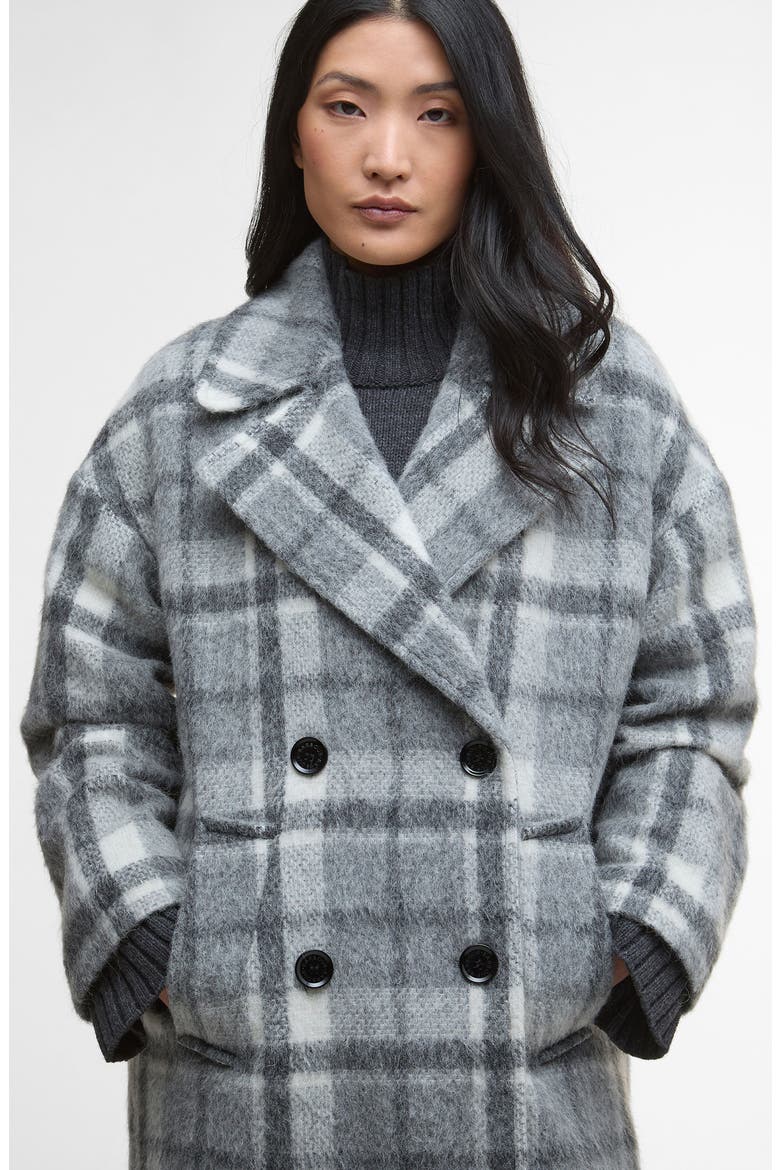 Fenella Tartan Double Breasted Long Coat, Alternate, color, SOFT GREY CHECK/ ONYX TARTAN
