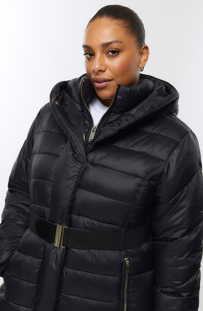 River Island Belted Longline Hooded Puffer Jacket with Removable Faux Fur Trim, Alternate, color, 