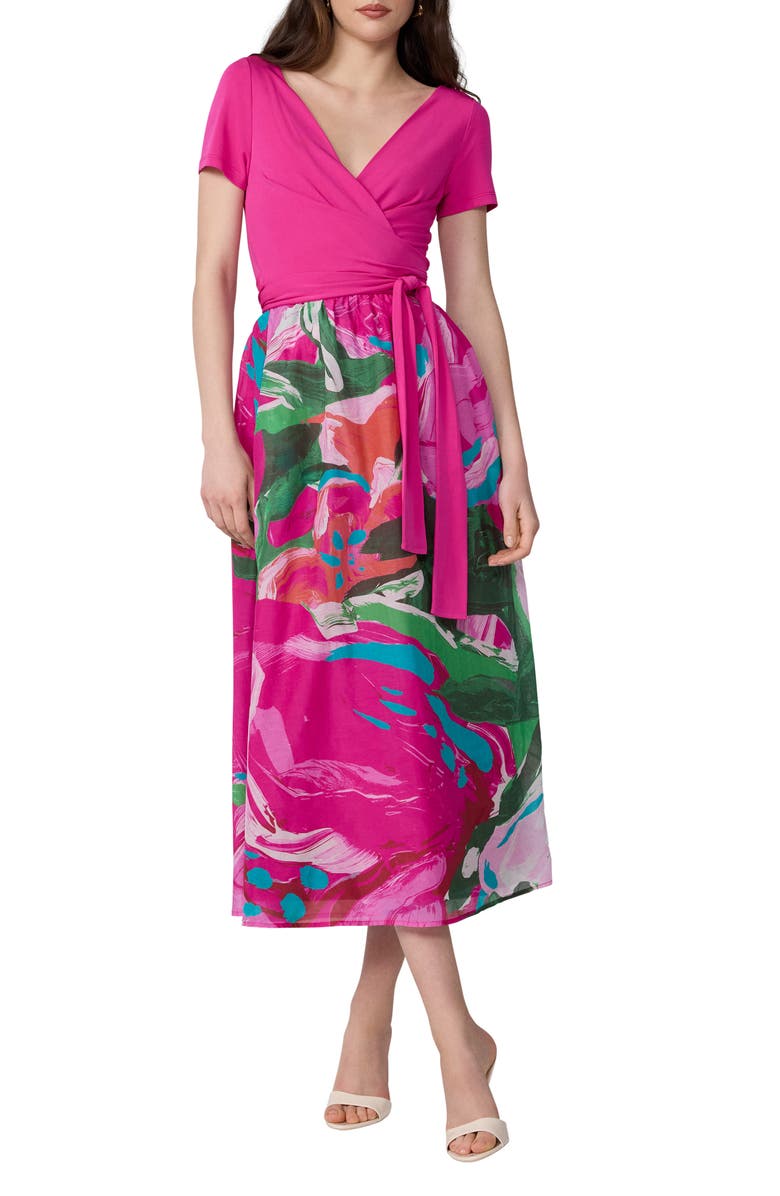 Diane von Furstenberg Elena Abstract Print Wrap Bodice Midi Dress, Main, color, Provence Giant Gossip Pink