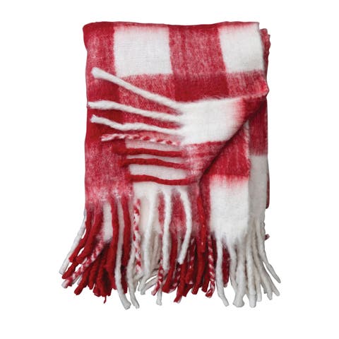 Woven Acrylic Throw with Fringe, Red and White Plaid