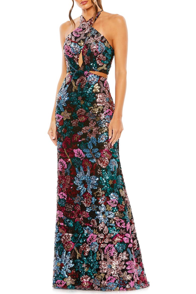 Sequin Embellished Cross Neck Gown, Main, color, BLACK MULTI