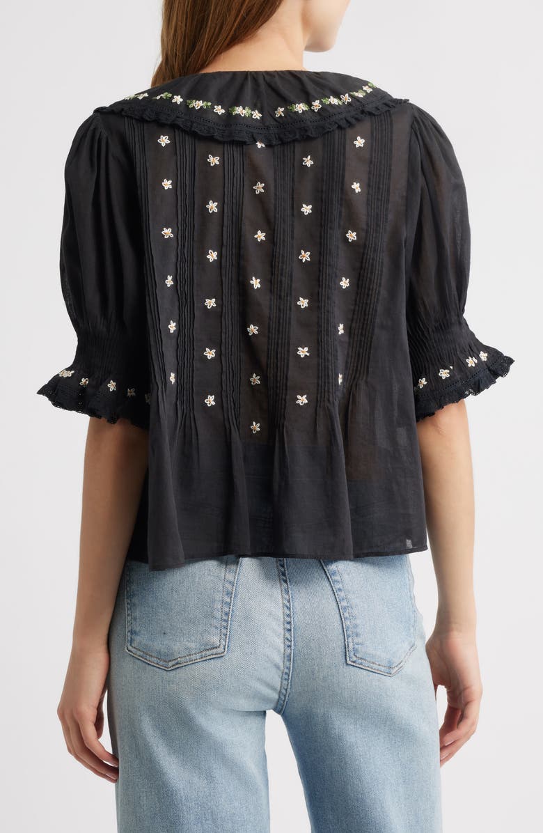 DÔEN Hettie Embroidered Ruffle Organic Cotton Top, Alternate, color, Black