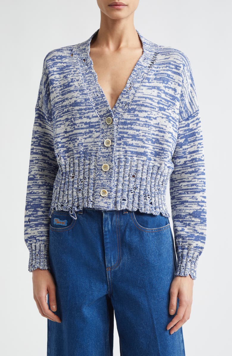 Marni Dishevelled Crop Cotton V-Neck Cardigan, Main, color, Orion Blue