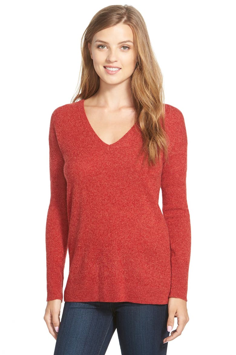 V-Neck Lightweight Cashmere Sweater, Main, color, RED- ORANGE MARL