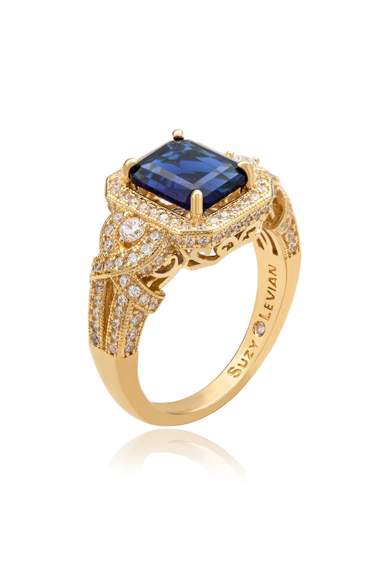 Emerald Cut Cubic Zirconia Halo Engagement Ring, Alternate, color, BLUE