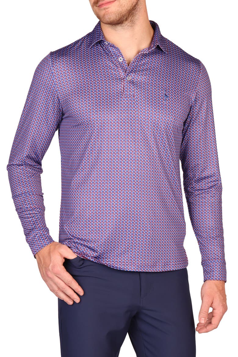 Football Print Long Sleeve Performance Polo, Main, color, BURGUNDY