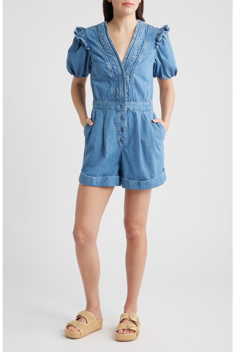 Ruffled Denim Romper, Main, color, DENIM