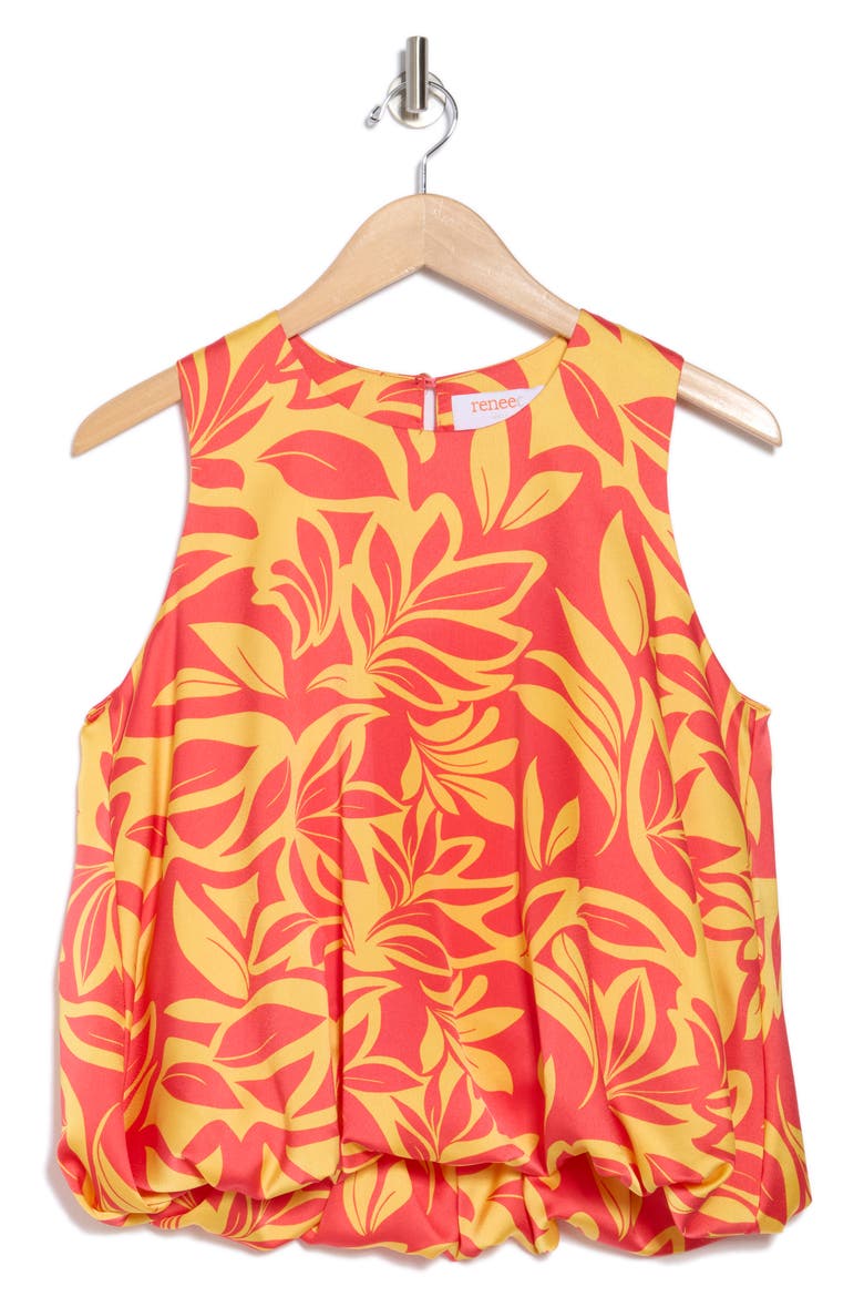 Print Bubble Hem Satin Top, Alternate, color, ORANGE/ YELLOW
