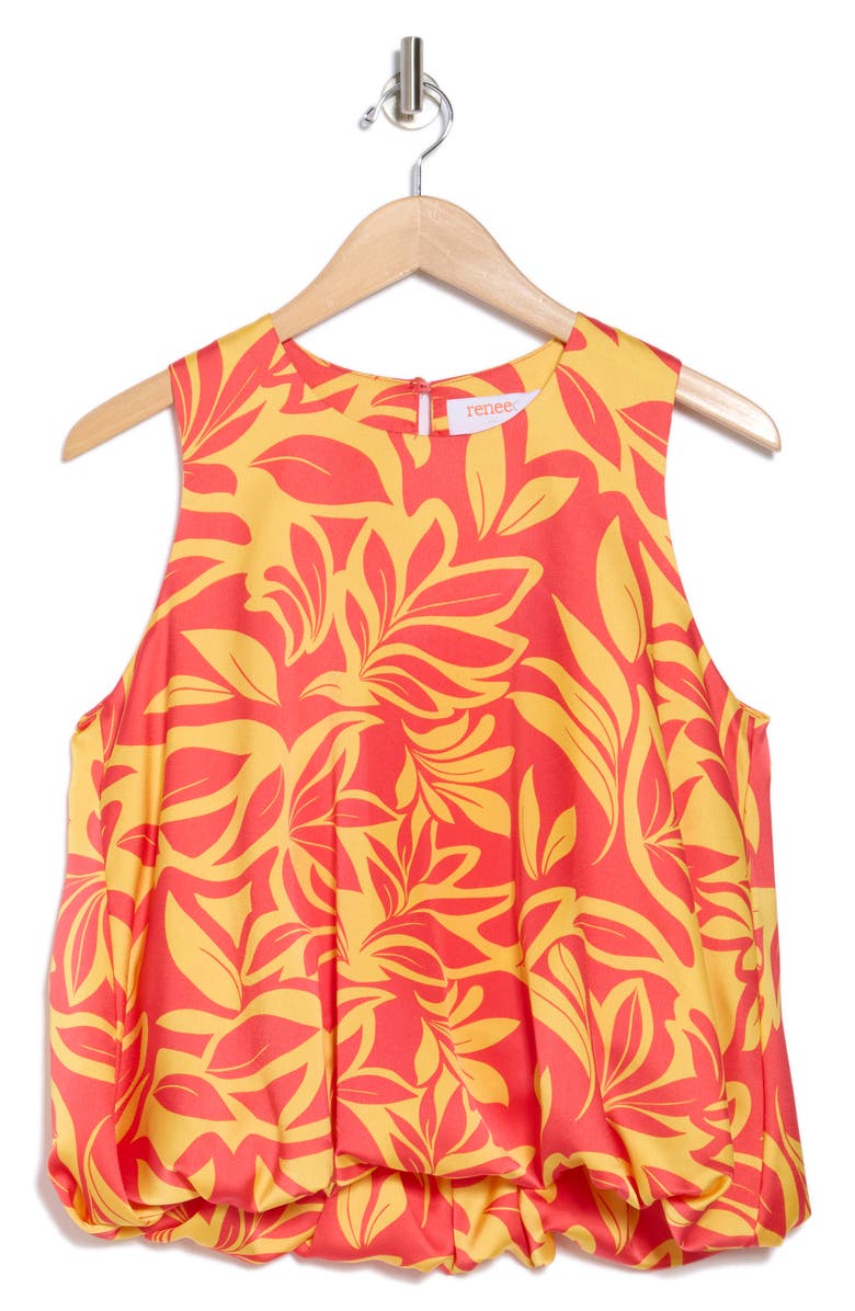 Renee C Print Bubble Hem Satin Top, Alternate, color, Orange/ Yellow