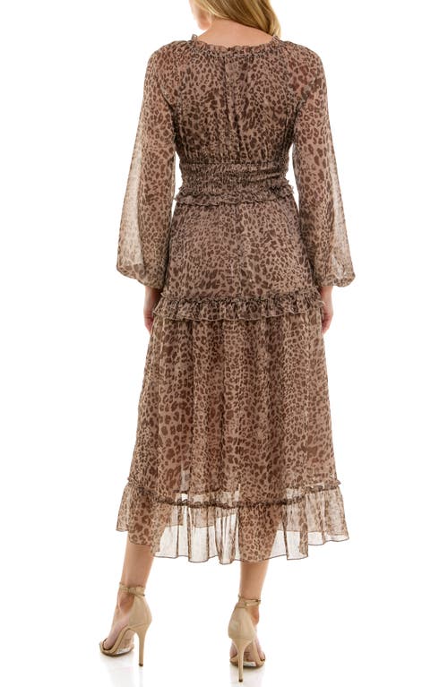 Socialite Long Sleeve Ruffle Chiffon Midi Dress In Brown