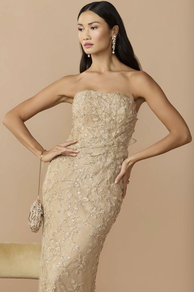 Petite Strapless Embellished Lace Gown with 3D Flower, Alternate, color, Gold
