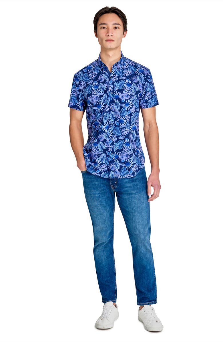 CONSTRUCT Tropical Short Sleeve Stretch Button-Down Shirt, Alternate, color, Navy