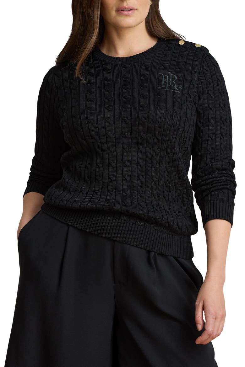 Button Trim Cable Knit Sweater, Alternate, color, BLACK