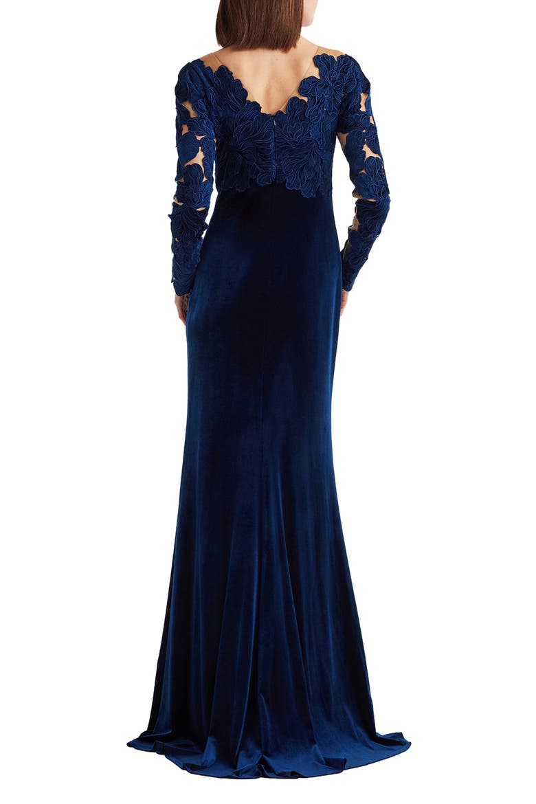 Appliqué Illusion Stretch Velvet Mermaid Gown, Alternate, color, NAVY