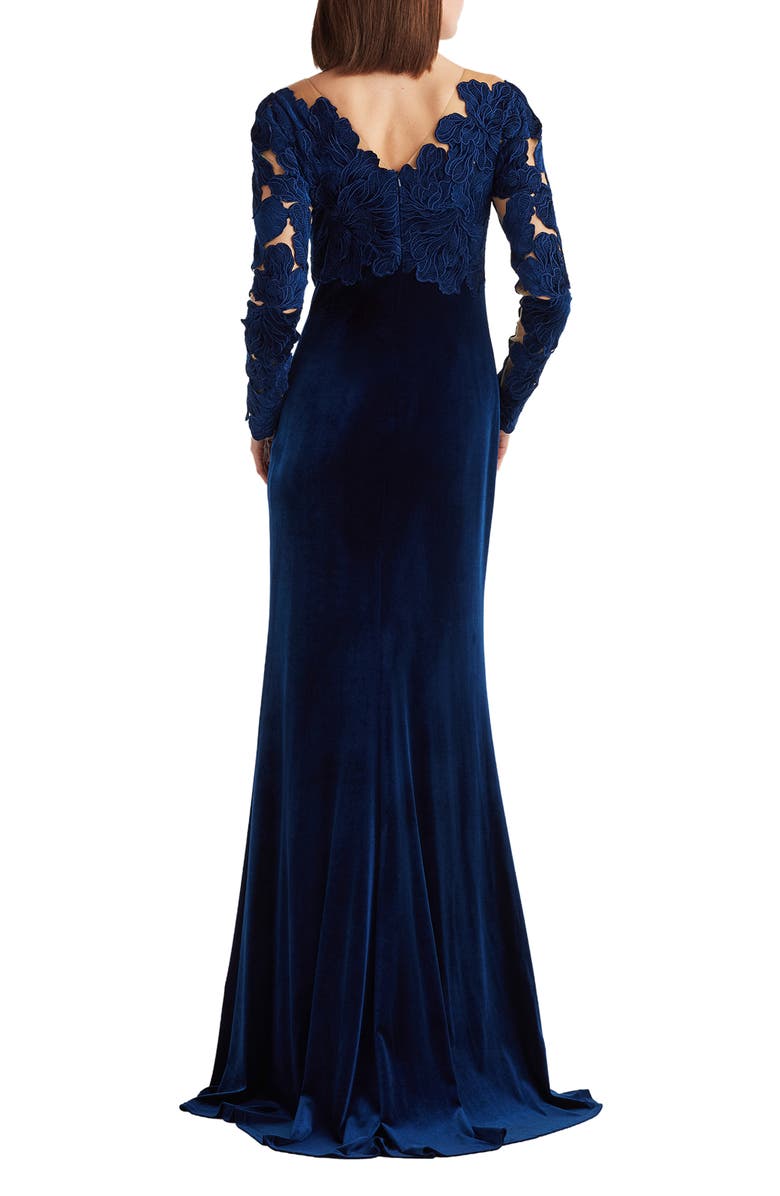 Tadashi Shoji Appliqué Illusion Stretch Velvet Mermaid Gown, Alternate, color, Navy