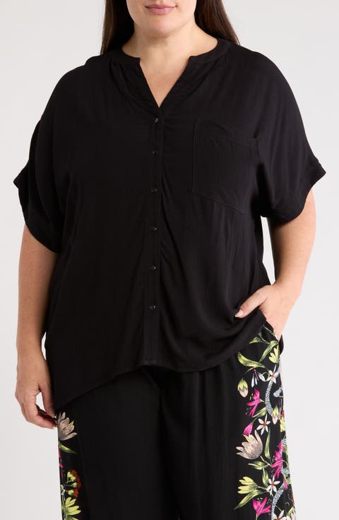 Elbow Sleeve Button-Up Shirt (Plus)