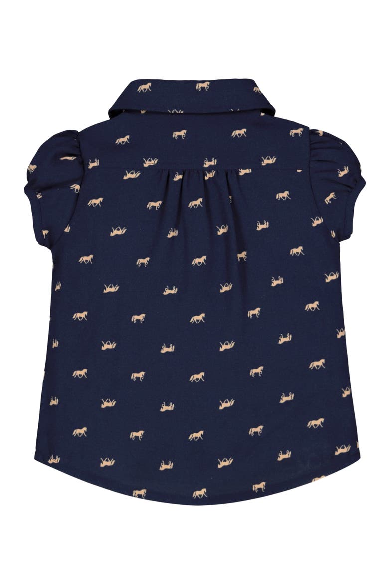 Baby Girls' Ruffle Front Shirt with Puff Sleeves, Infant, Alternate, color, Navy with Tan Horse Print