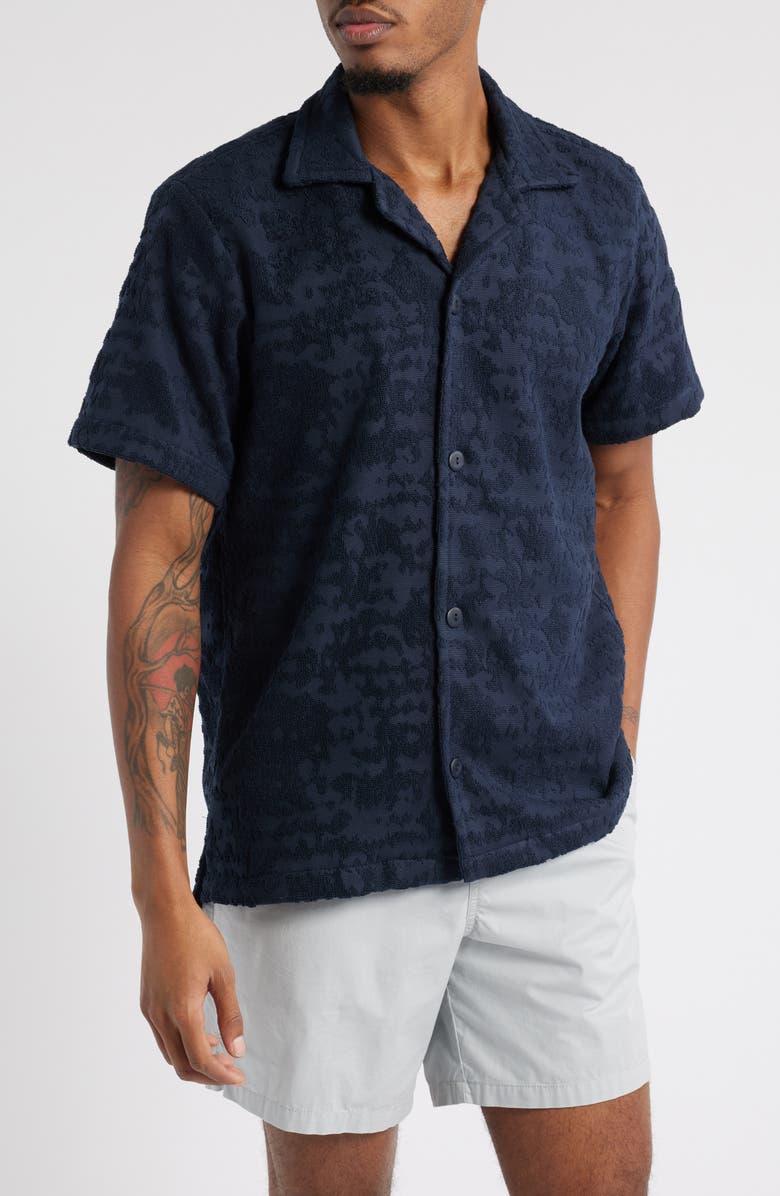 OAS Night Lagoon Cuba Terry Cloth Camp Shirt, Main, color, Blue