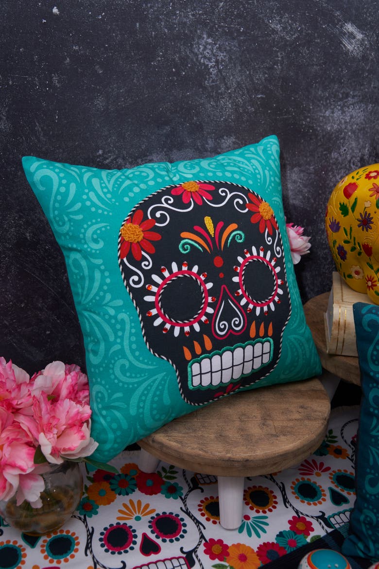 Sugar Skeleton Cotton Blend Aqua Accent Throw Pillow 16" x 16", Alternate, color, Green