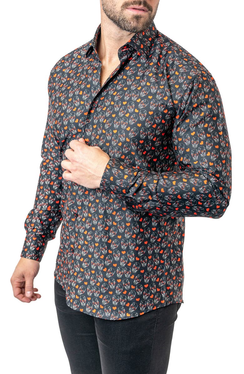 Maceoo Fibonacci Skull Heart Contemporary Fit Button-Up Shirt, Alternate, color, Black