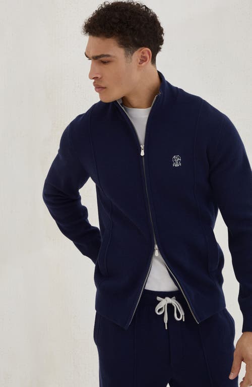 Brunello Cucinelli Zip-front Embroidered-logo Cardigan In Blue