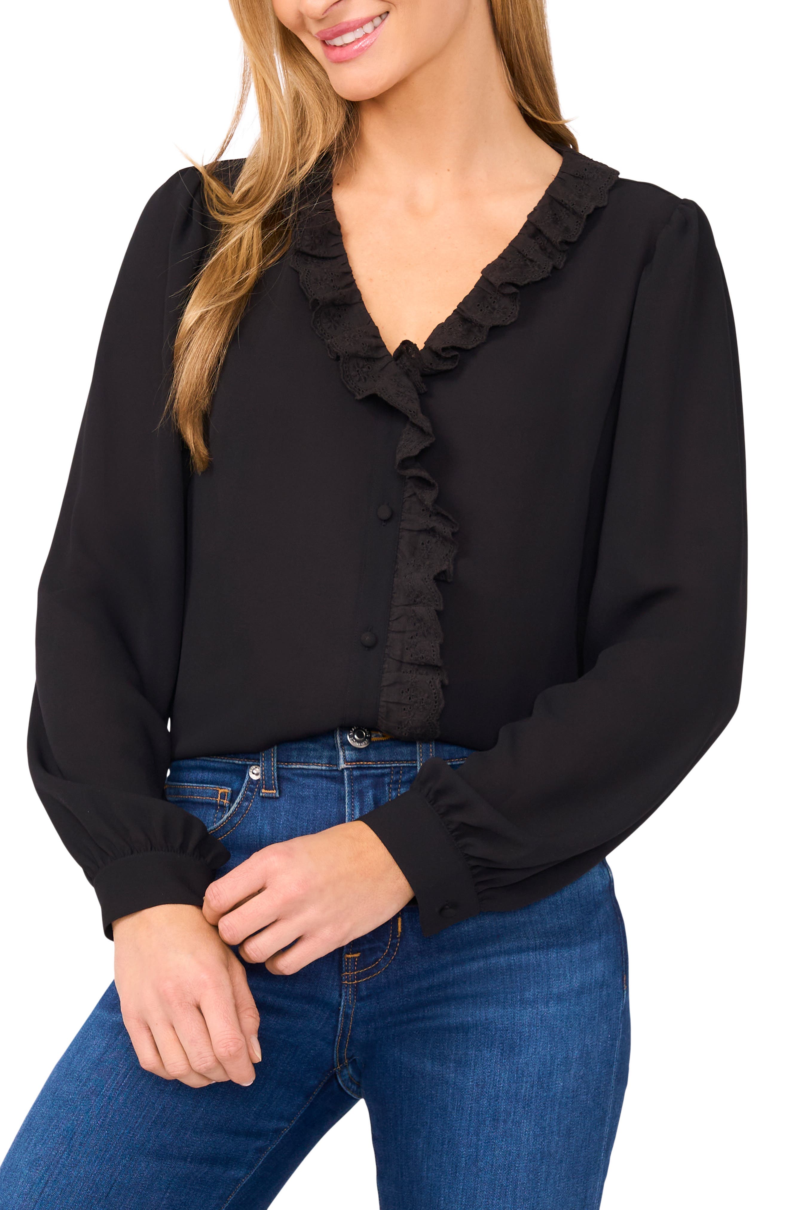 CeCe Eyelet Ruffle Long Sleeve Shirt