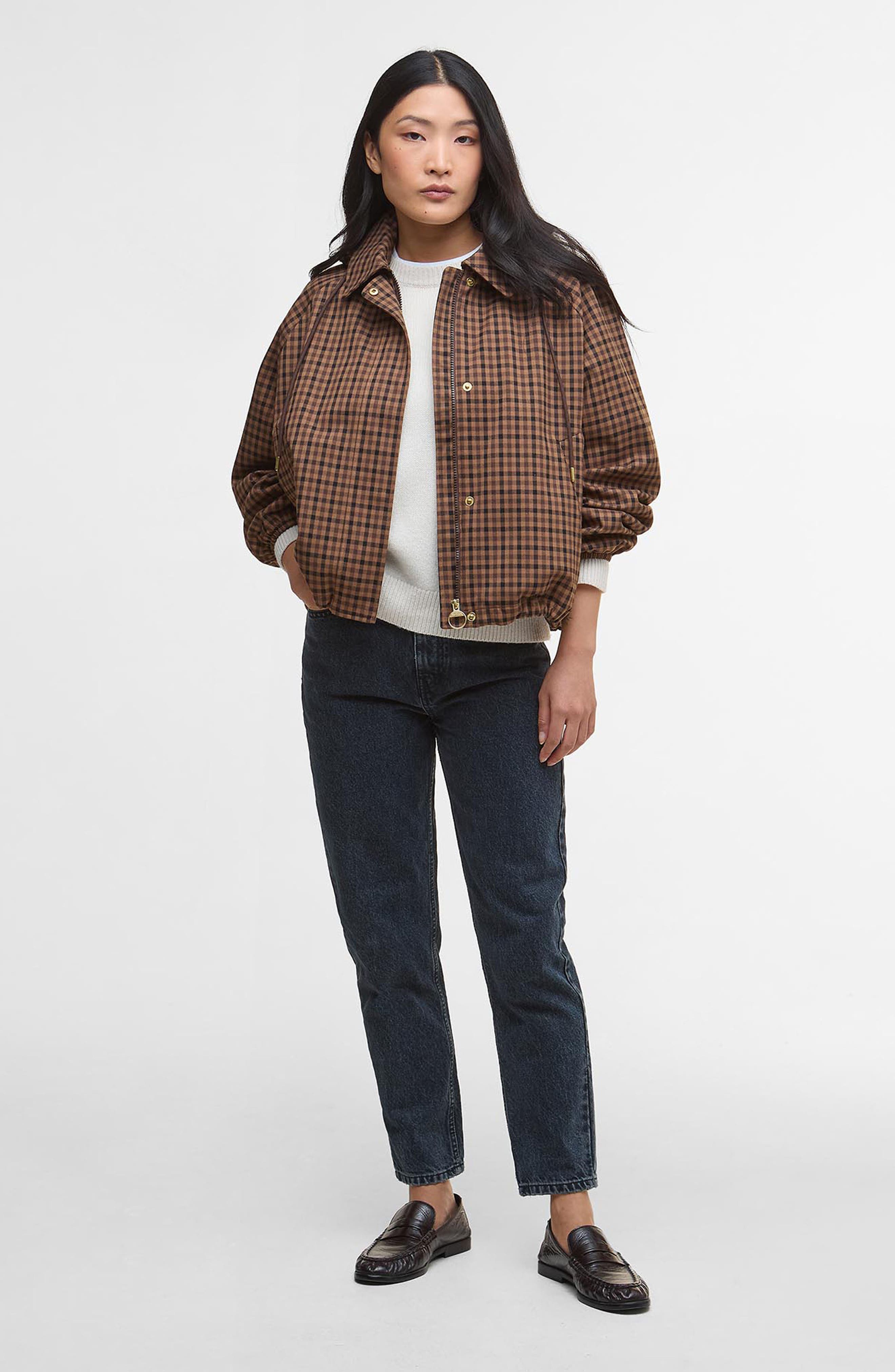 Barbour Audrey Check Showerproof Hooded Bomber Jacket (Women