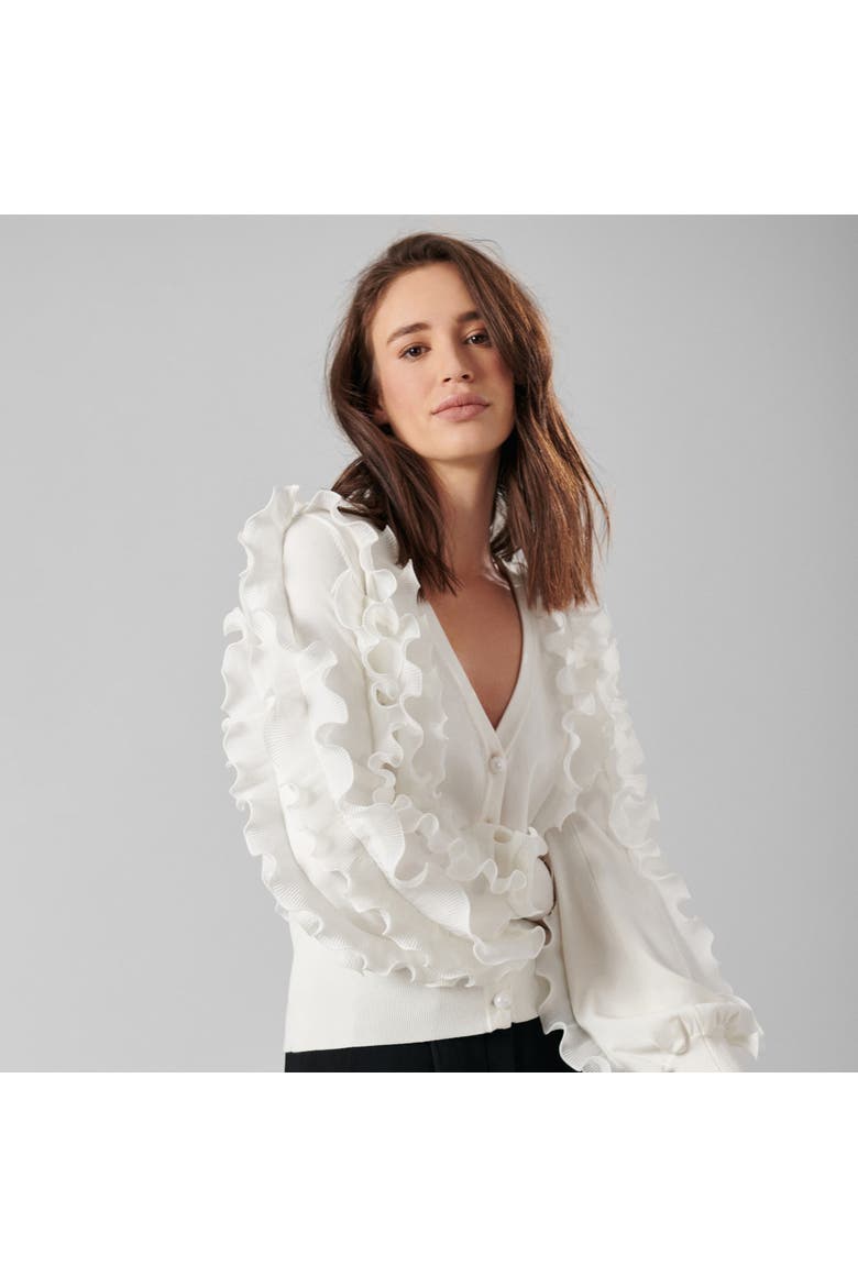 Women's  Ciline Black Long Sleeve Ruffle Cardigan, Alternate, color, White