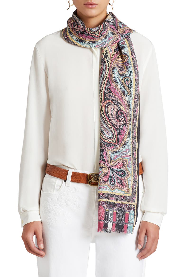 Paisley Cashmere & Silk Scarf, Main, color, BLACK