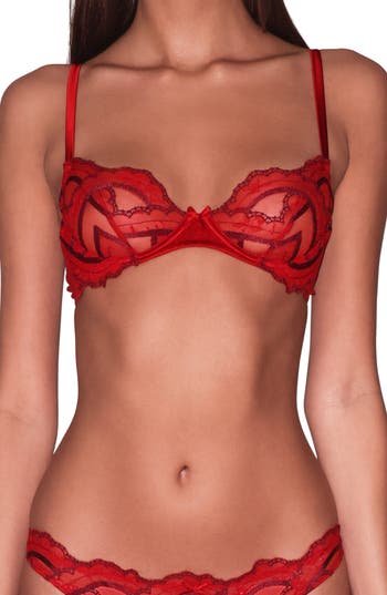 Fleur Du Mal Hendrix Embroidered Underwire Demi Bra In Red