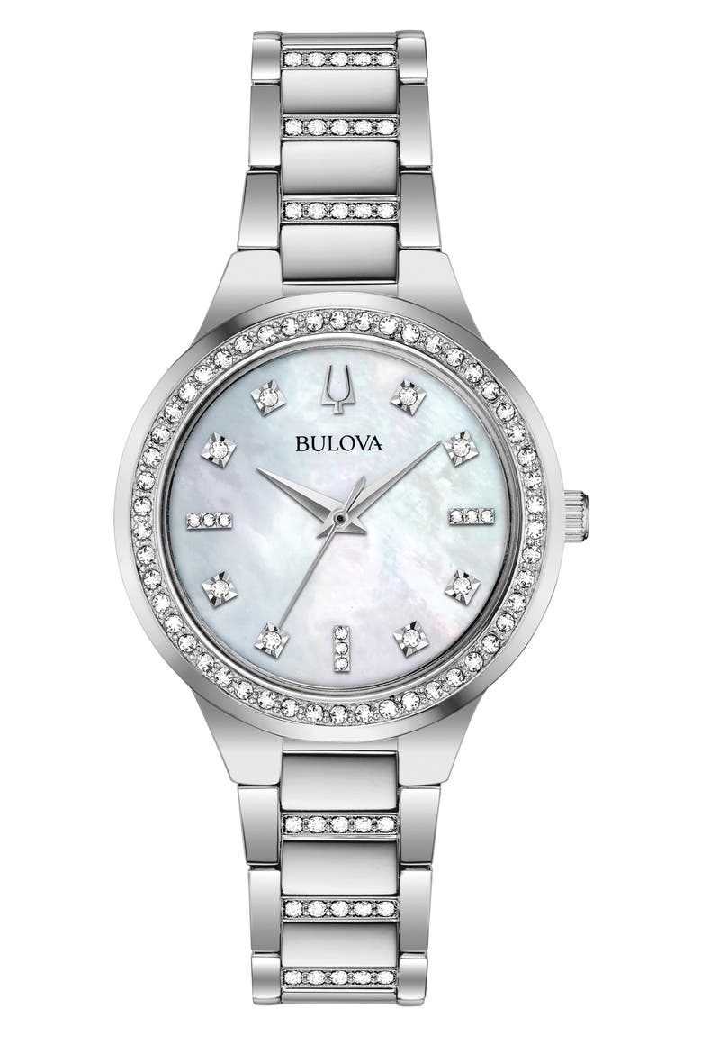 Crystal Mother-of-Pearl Dial Bracelet Watch, 32mm, Main, color, SILVER