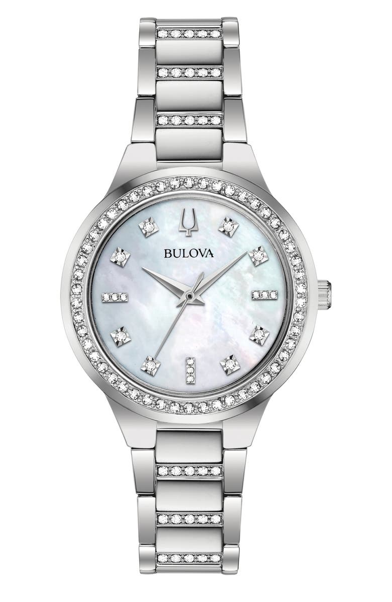 BULOVA Crystal Mother-of-Pearl Dial Bracelet Watch, 32mm, Main, color, Silver