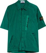 Stone Island Compass Logo Patch Short Sleeve Nylon Zip-Up Camp Shirt