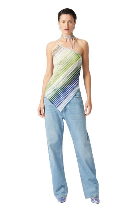 Asymmetrical One-shoulder Partial Striped Top With Sequins