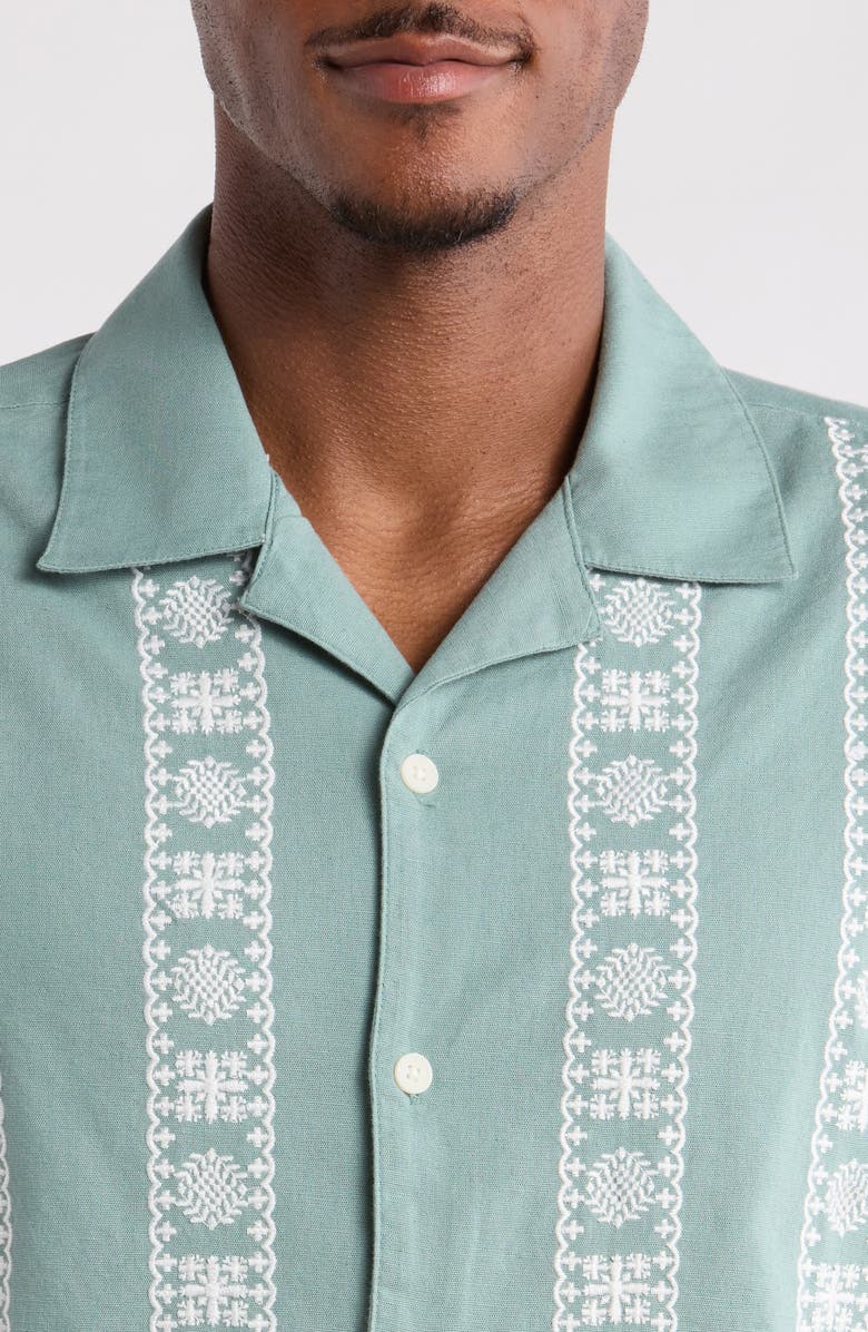 Wax London Didcot Embroidered Cotton & Linen Camp Shirt, Alternate, color, Sea Green / Ecru
