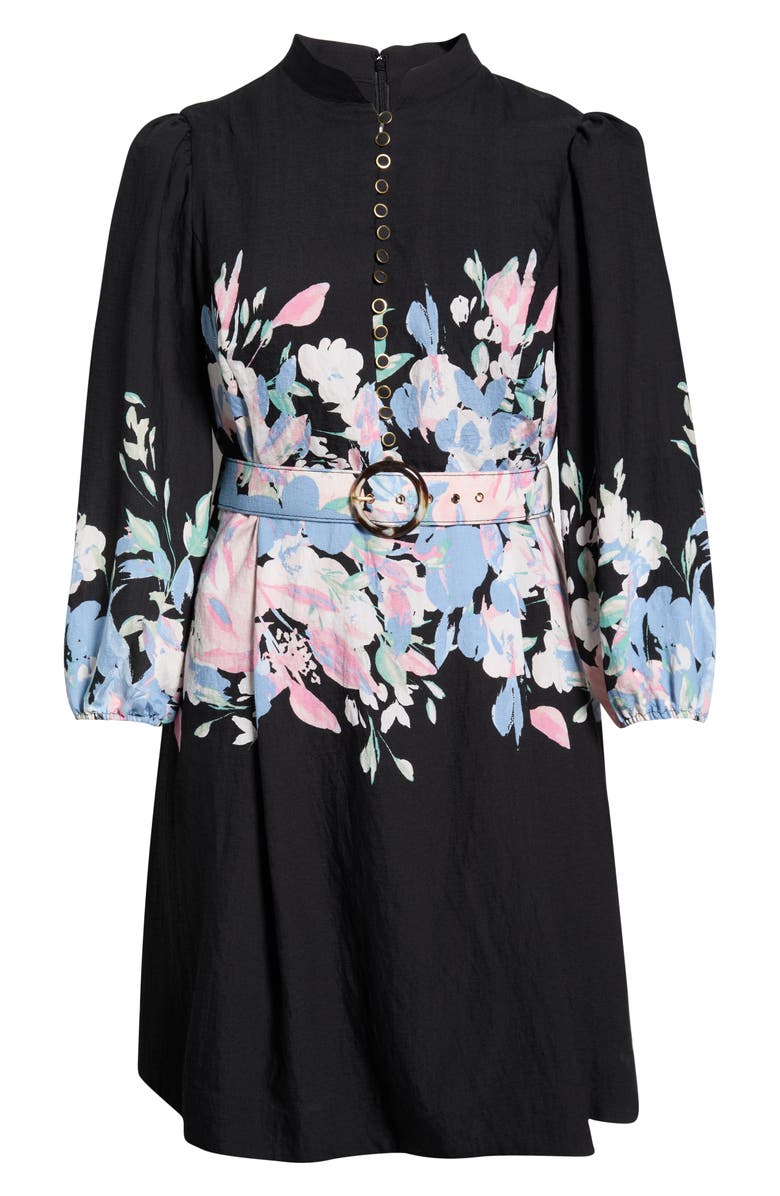 Tahari ASL Print Belted Long Sleeve Dress, Alternate, color, Black Blue Pink