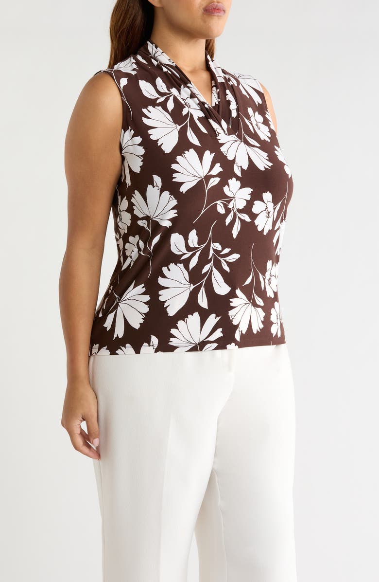 Anne Klein Floral Triple Pleat V-neck Top, Alternate, color, Dark Chocolate/ White Dove