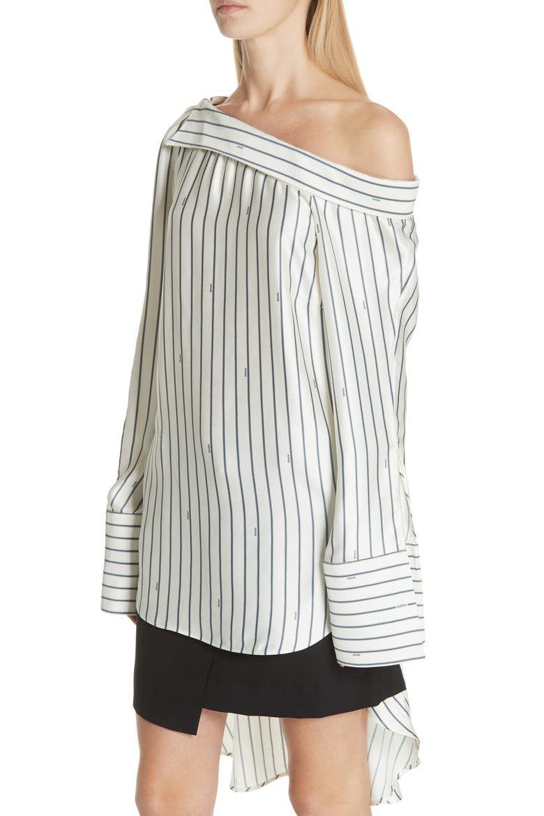 Off the Shoulder Pinstripe Silk Blouse, Alternate, color, IVORY/ NAVY