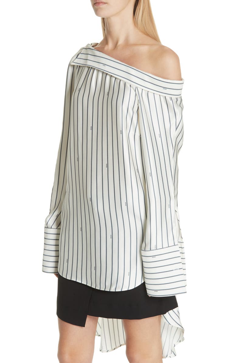 MONSE Off the Shoulder Pinstripe Silk Blouse, Alternate, color, 