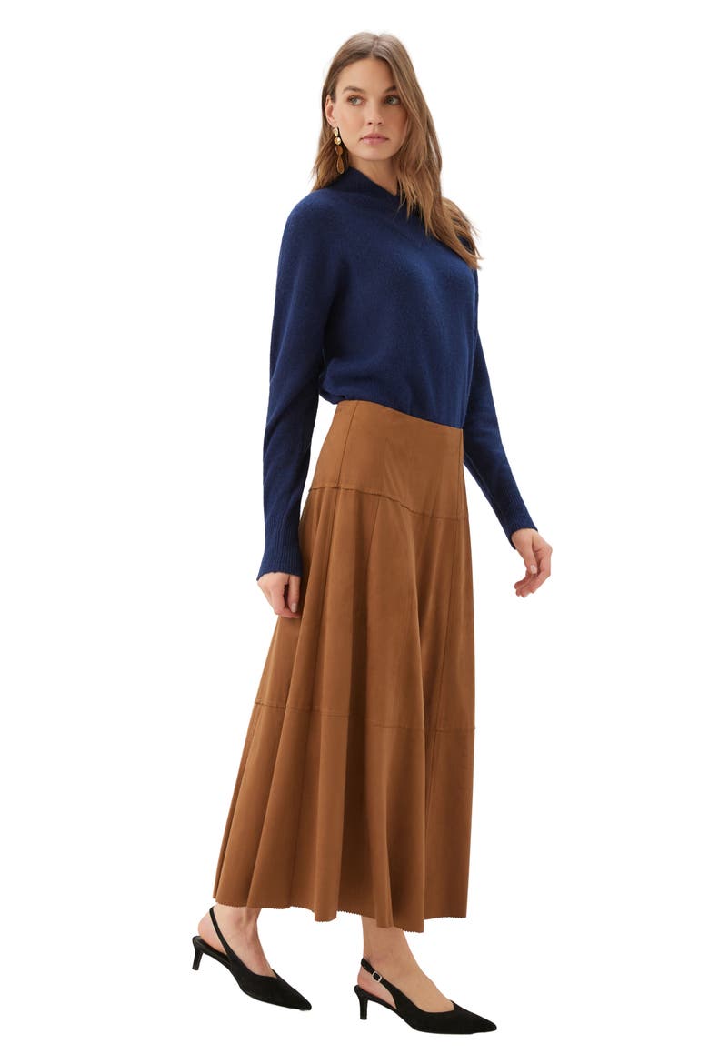 Tiered Faux Suede Midi Skirt, Alternate, color, CAMEL