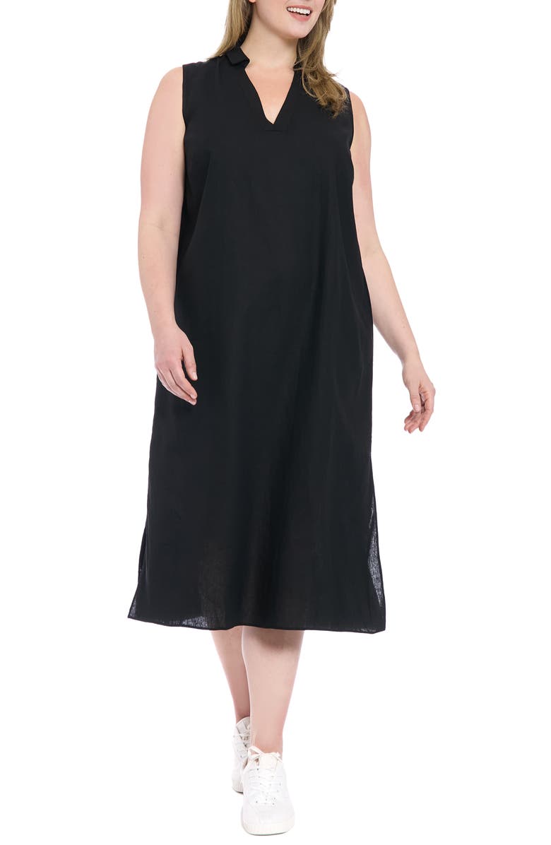 London Times Collared Popover Linen Blend Midi Dress, Main, color, Black