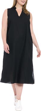 London Times Collared Popover Linen Blend Midi Dress