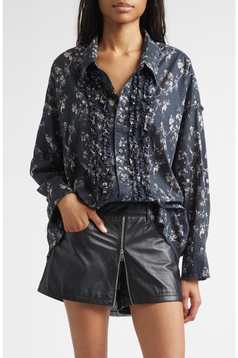 Floral Print Ruffle Cotton Button-Up Shirt, Main, color, FLORAL ON BLACK