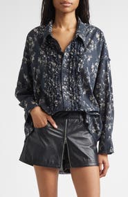 R13 Floral Print Ruffle Cotton Button-Up Shirt