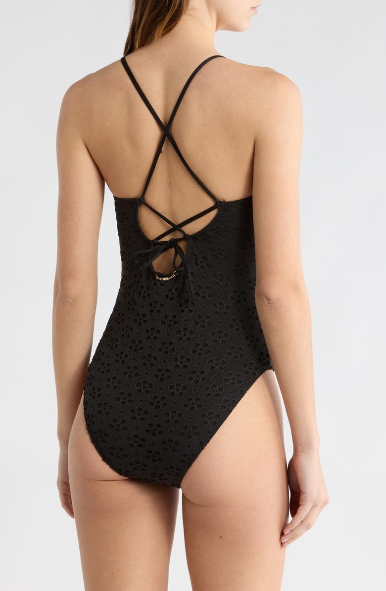 Betsey Johnson Eyelet Cutout One-Piece Swimsuit, Alternate, color, Black