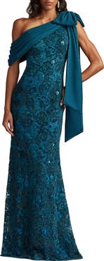 Tadashi Shoji Beaded Floral One-Shoulder Gown