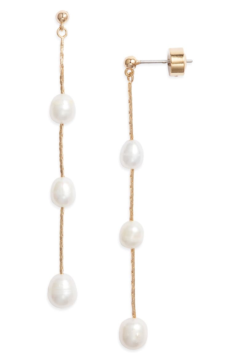 Demi Fine Freshwater Pearl Linear Drop Earrings, Main, color, WHITE- 14K GOLD PLATED
