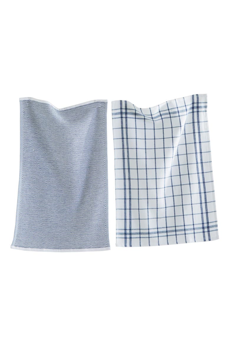 Classic Navy Cotton Dishtowel Set of 2 Checked Solid, Main, color, Blue