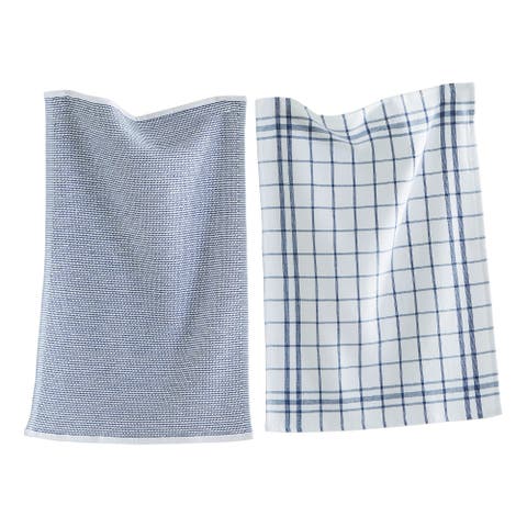 Classic Navy Cotton Dishtowel Set of 2 Checked Solid