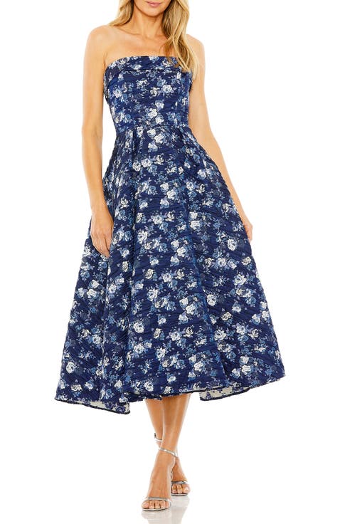Floral Strapless Brocade Midi Dress